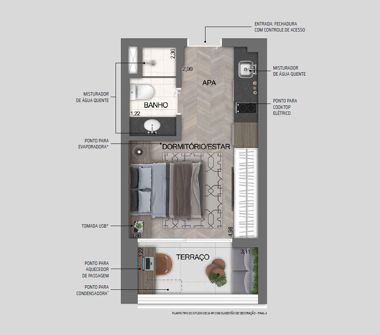 Planta tipo studio de 24m² com sugestão de decoração final 4