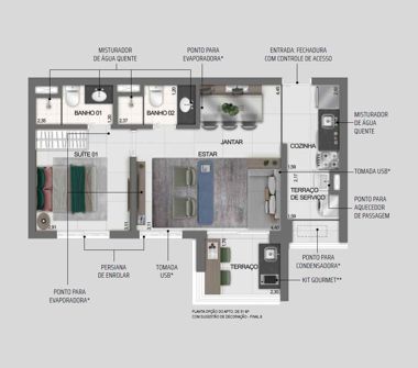 Planta opção do apartamento de 51m² 1 suíte