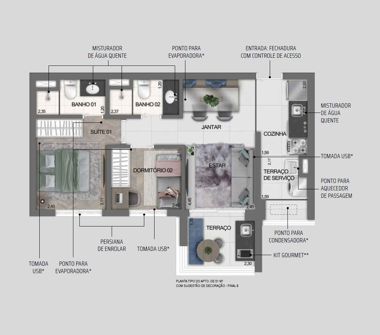 Planta opção do apartamento de 51m² 1 2 dorms