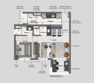 Planta opção do apartamento de 54m² 1 suíte