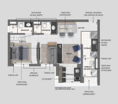 Planta opção do apartamento de 54m² 1 suíte