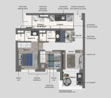 Planta tipo do apartamento de 54m² 2 dorms