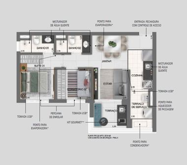 Planta tipo do apartamento de 54m² 2 dorms