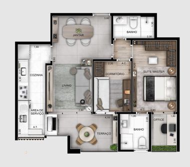 Perspectiva planta apartamento 73m²