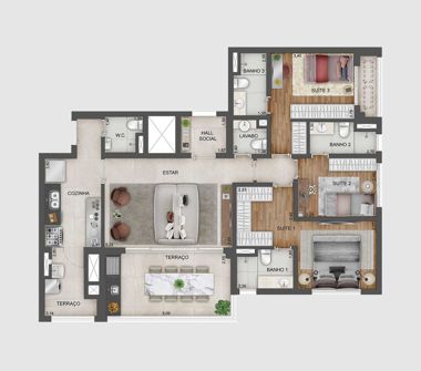 Perspectiva artística da implantac planta tipo apto 122 m²