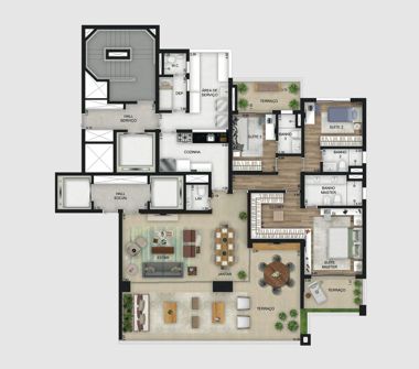 Perspectiva ilustrada da planta tipo 208m² 3 suítes