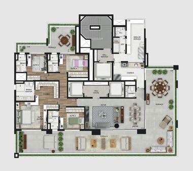 Perspectiva ilustrada da planta tipo 312m² 4 suítes