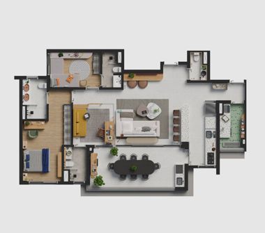 Perspectiva ilustrada da planta 131m² 2 suítes