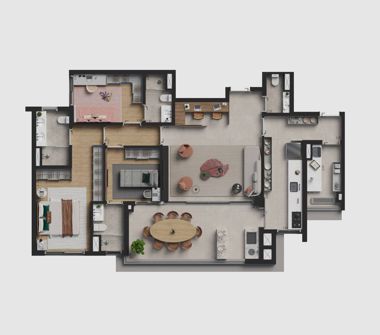Perspectiva ilustrada da planta 131m² 3 suítes