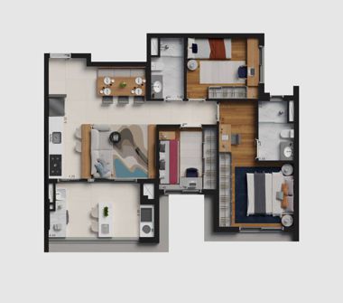 Perspectiva ilustrada da planta 83m² 3 dorms