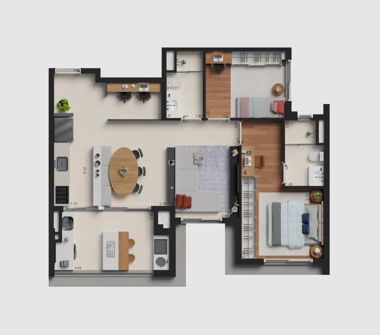 Perspectiva ilustrada da planta 83m² 2 dorms