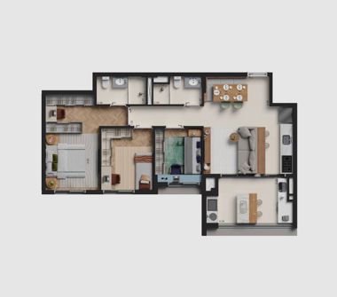 Perspectiva ilustrada da planta 83m² 3 dorms