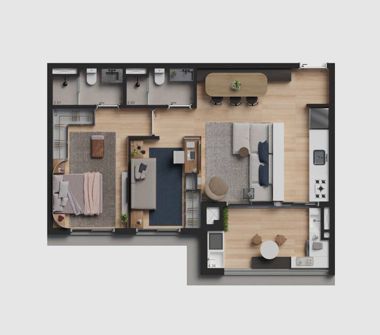 Perspectiva ilustrada da planta 72m² 2 dorms